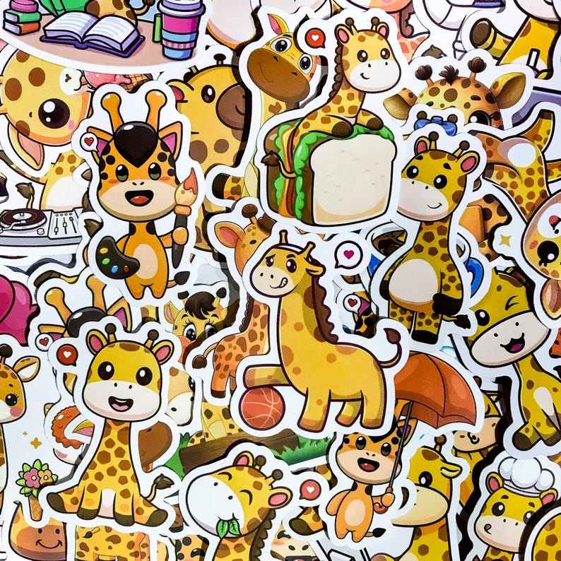 May include: A collection of colorful stickers featuring cartoon giraffes in various poses. The stickers are on a white background and include a variety of designs, such as giraffes wearing hats, holding objects, and playing music.