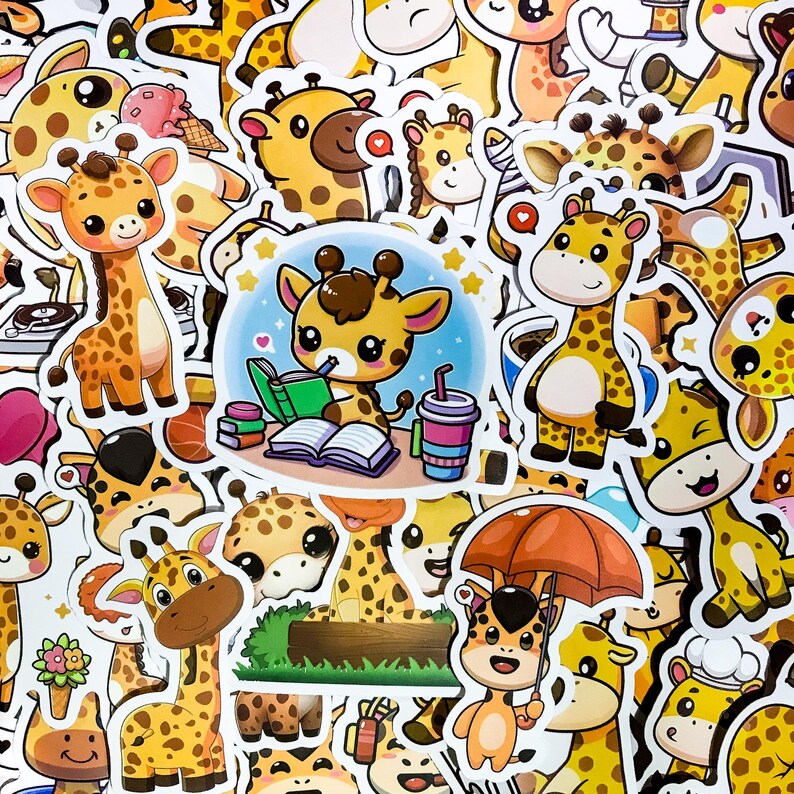 May include: A collection of colorful stickers featuring cute cartoon giraffes in various poses and settings. The stickers are perfect for adding a touch of whimsy to journals, laptops, water bottles, and more.