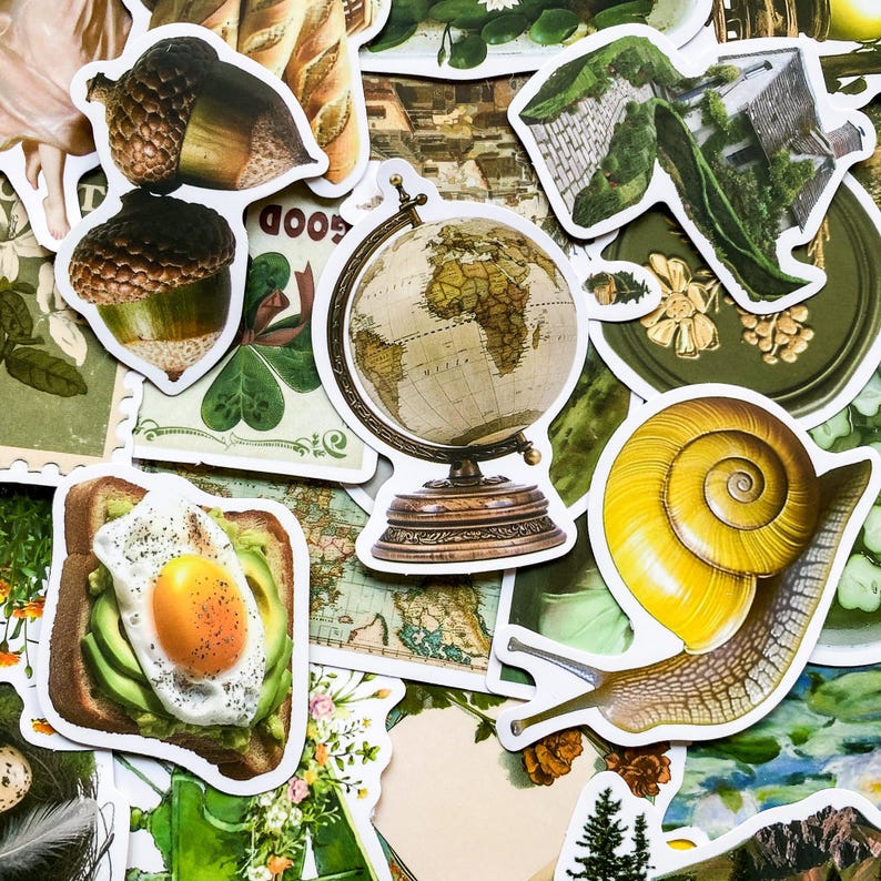 May include: A set of colorful stickers featuring various designs, including a globe, a snail, a slice of avocado toast with a fried egg, and acorns. The stickers are perfect for adding a touch of whimsy to journals, laptops, or water bottles.