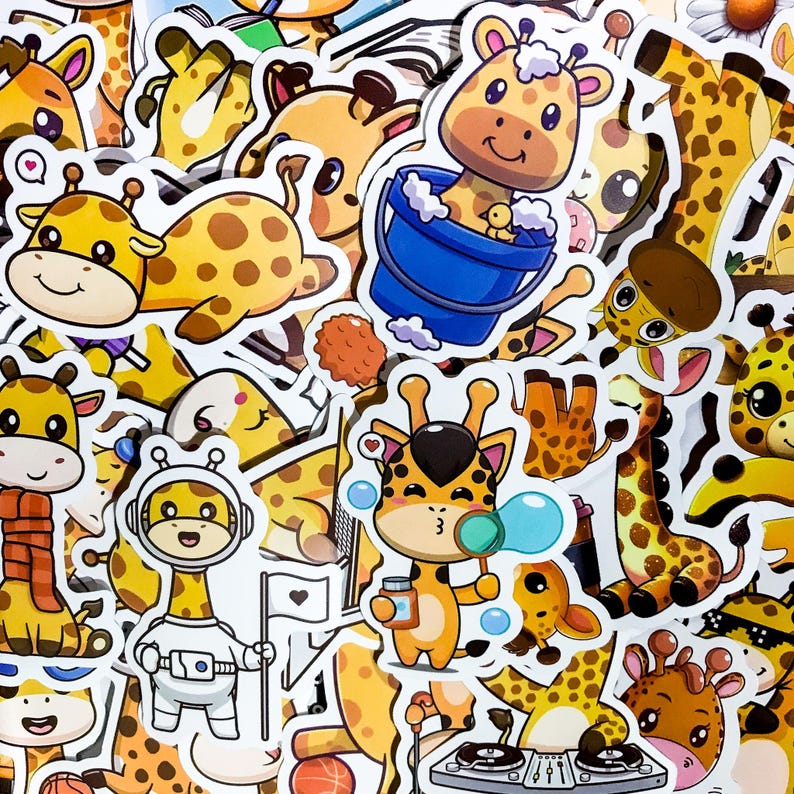 May include: A collection of colorful cartoon giraffe stickers. The stickers feature various poses and expressions, including a giraffe holding a bucket, a giraffe playing a DJ set, and a giraffe wearing a space suit.
