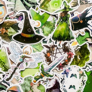 May include: A collection of green and black witchy stickers featuring a witch, a hat, a sword, a butterfly, a dragonfly, and a book. The stickers are perfect for adding a touch of magic to your planner, laptop, or water bottle.
