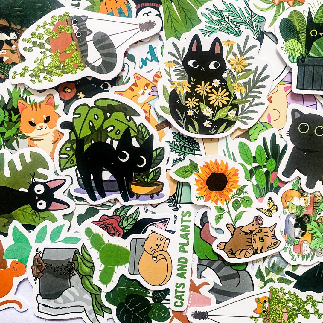 50 Random Plant and Cat Stickers, Cute Stickers for Cat Lovers, Plant ...