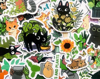 50 zufällige Pflanzen- und Katzenaufkleber, niedliche Aufkleber für Katzenliebhaber, Pflanzenaufkleber, wasserdichte Kitty-Aufkleber für Journal, Scrapbook, DIY Crafts
