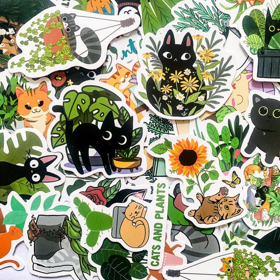 50 Random Plant and Cat Stickers, Cute Stickers for Cat Lovers, Plant Stickers, Waterproof Kitty Stickers for Journal, Scrapbook, DIY Crafts
