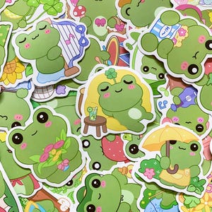 50 Random Adorable Green Frog Stickers, Cute Frog Sticker for Kids, Kawaii Waterproof Stickers Pack for Luggage, Journal, and Water Bottle