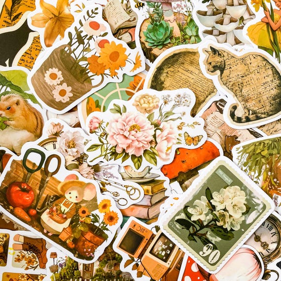 50 Random Vintage Nature Stickers, Botanical Stickers, Retro Flower Stickers, Artistic Waterproof Stickers for Journal, Scrapbook, Laptop