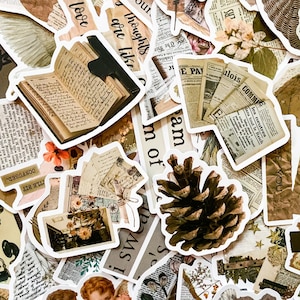 May include: A collection of vintage-style stickers featuring images of books, flowers, pine cones, and text. The stickers are printed on white paper with a brown border.