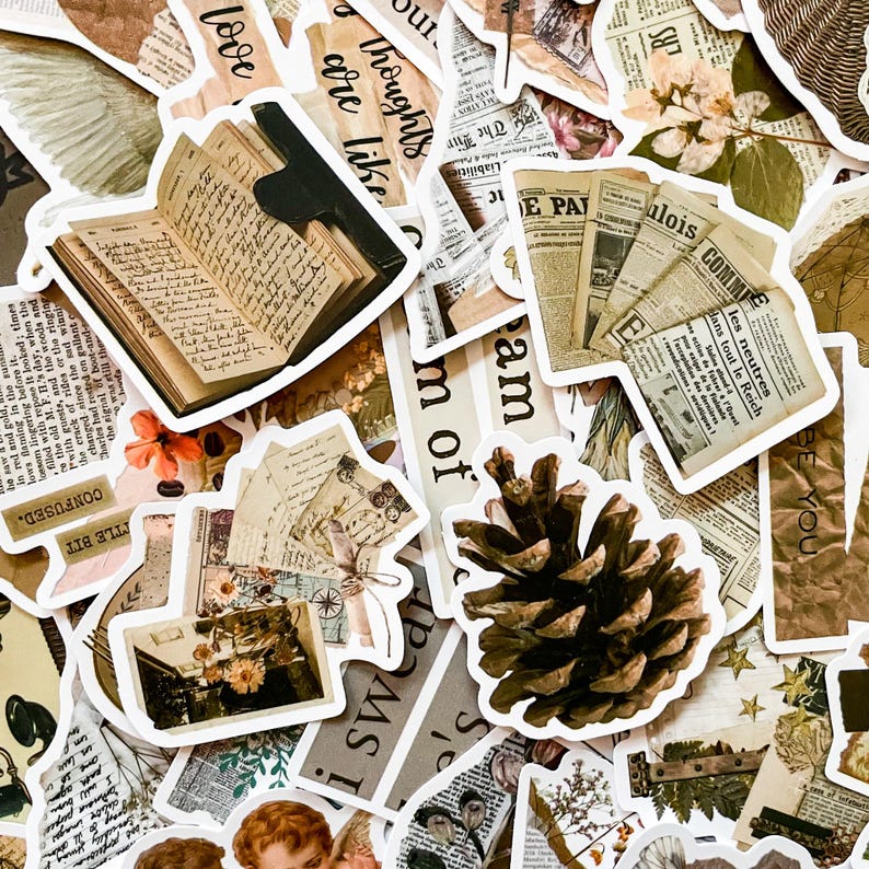 May include: A collection of vintage-style stickers featuring images of books, flowers, pine cones, and text. The stickers are printed on white paper with a brown border.