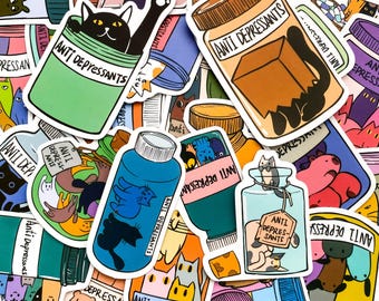 50 Random Kawaii Anti-Depressant Cat Stickers, Funny Kitty Stickers, Cute Stickers for Journaling, Kindle, Mental Health Sticker Pack