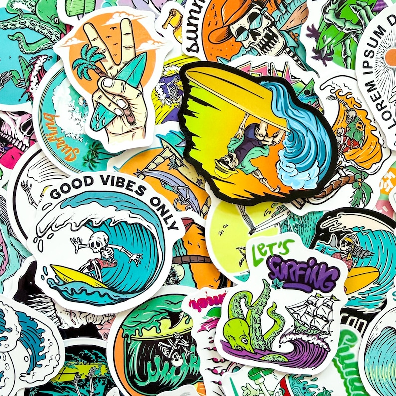 50PCS Beach & Skull Themed Sticker Pack, Surf Sea Stickers, Graffiti ...