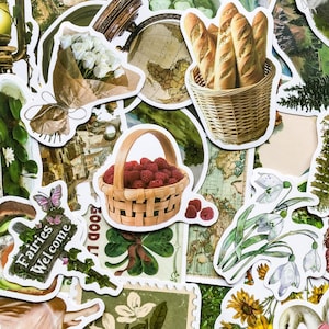 May include: A collection of colorful stickers featuring various designs, including a globe, a basket of bread, a bouquet of flowers, a basket of raspberries, a butterfly, and a clover. The stickers are perfect for adding a touch of whimsy to journals, planners, and other craft projects.