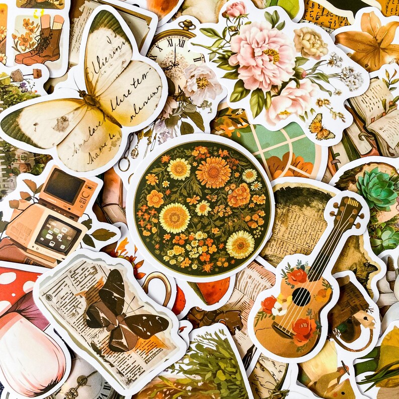 May include: A collection of vintage-style stickers featuring floral designs, butterflies, a guitar, a clock, and a retro television. The stickers are printed on white paper with a matte finish.