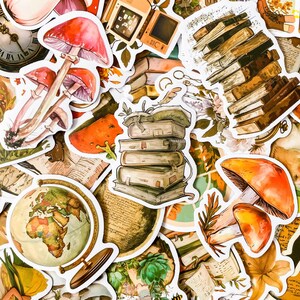 May include: A collection of colorful stickers featuring various illustrations, including mushrooms, books, a globe, and a vintage television. The stickers are perfect for adding a touch of whimsy and personality to journals, laptops, or other surfaces.