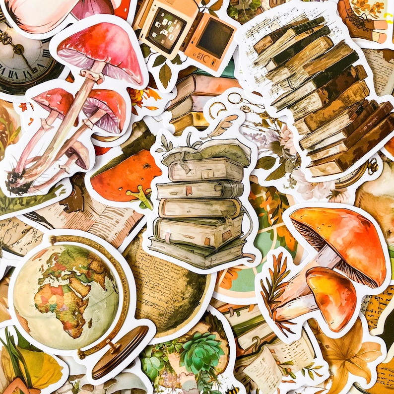 May include: A collection of colorful stickers featuring various illustrations, including mushrooms, books, a globe, and a vintage television. The stickers are perfect for adding a touch of whimsy and personality to journals, laptops, or other surfaces.