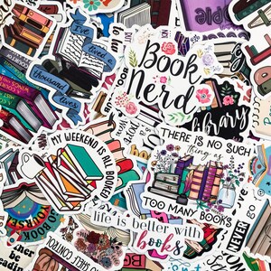May include: A collection of colorful stickers with book-themed designs. The stickers feature phrases like "Book Nerd," "Too Many Books," and "Life is better with books." Various stickers depict stacks of books, open books, and floral accents.