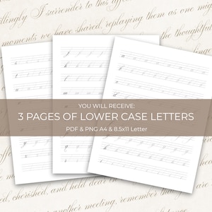 May include: Three white pages with calligraphy practice lines and lowercase letters. The text "YOU WILL RECEIVE: 3 PAGES OF LOWER CASE LETTERS PDF & PNG A4 & 8.5x11 Letter" is displayed on a brown banner across the bottom of the image.