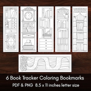 May include: Six black and white printable coloring bookmarks featuring different book-themed designs. The bookmarks are 8.5 by 11 inches, letter size.