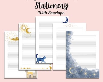 Könnte beinhalten: Satz von fünf bedruckbaren Briefpapierblättern mit himmlischen Designs. Die Designs beinhalten eine Sonne und einen Mond, eine Katze, ein Schloss und einen Mond mit Sternen. Die Blätter sind liniert und unliniert und haben die Größe 8,5 x 11 Zoll.