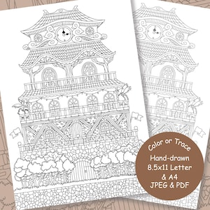 Può includere: Illustrazione in bianco e nero disegnata a mano di un edificio in stile pagoda con un orologio in cima. L'immagine include il testo "Color or Trace", "Hand-drawn", "8.5x11 Letter & A4 JPEG & PDF".