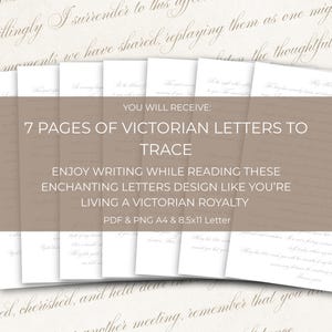 May include: A stack of seven white paper pages with Victorian-style script, with the text "7 PAGES OF VICTORIAN LETTERS TO TRACE". The background features more script. The image promotes the enjoyment of writing and reading enchanting letter designs.