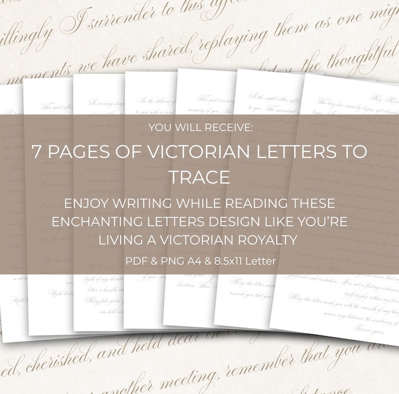 May include: A stack of seven white paper pages with Victorian-style script, with the text "7 PAGES OF VICTORIAN LETTERS TO TRACE". The background features more script. The image promotes the enjoyment of writing and reading enchanting letter designs.