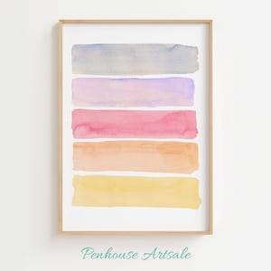 パステル抽象画の夕焼け風景画プリント。ダウンロード可能な手描き水彩画。ウォールアート。ホームデコレーションのギフトアイデア。
