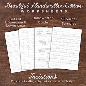 Op de afbeelding: Vier vellen wit papier met oefeningen voor cursief handschrift. De tekst bevat "Beautiful Handwritten Cursive WORKSHEETS", "Sets of Uppercase & Lower case", "Handwritten Guide", "5 Journal Samples" en "Inclusions".