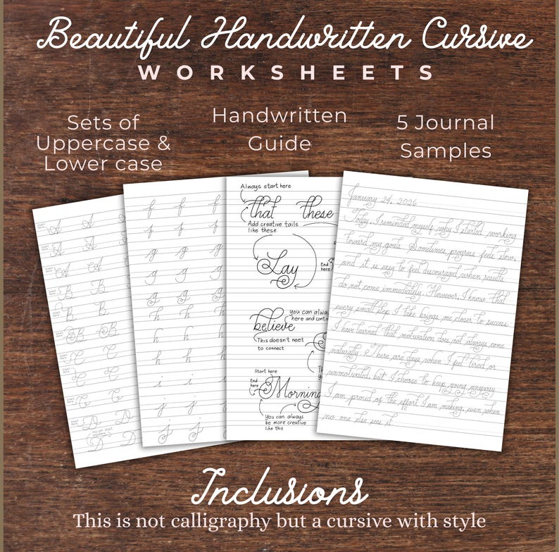 Op de afbeelding: Vier vellen wit papier met oefeningen voor cursief handschrift. De tekst bevat "Beautiful Handwritten Cursive WORKSHEETS", "Sets of Uppercase & Lower case", "Handwritten Guide", "5 Journal Samples" en "Inclusions".