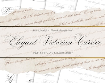 May include: Handwriting worksheets for Elegant Victorian Cursive. The image shows several pages with cursive letter examples and practice lines. The title is in elegant script, with the text "PDF & PNG A4 & 8.5x11 Letter" below.