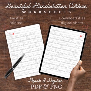 Op de afbeelding: Beautiful Handwritten Cursive Worksheets met een geprinte pagina met een zwarte pen en een digitaal tabletscherm waarop dezelfde cursieve tekst wordt weergegeven. De tekst bevat de titels Beautiful Handwritten Cursive Worksheets, Use it as printed, Download it as digital sheet en Paper & Digital PDF & PNG.