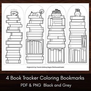 May include: Four black and white printable book tracker bookmarks. Each bookmark features a stack of books with a unique design element at the top. The designs include a cup of coffee, a cat, a potted cactus, and a vase of paintbrushes. The text "Botanical" appears on one of the bookmarks.