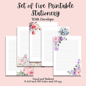 Paquete de papelería imprimible, papelería floral de acuarela con sobre, bloc de notas con flores de primavera, papel para escribir, páginas para notas