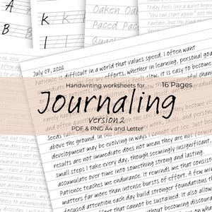 Op de afbeelding: Journaling-werkbladen met handgeschreven tekst, met het woord "Journaling". De pagina's hebben gelijnd papier en prompts voor reflectie, met de datum "07 juli 2026" zichtbaar. De werkbladen zijn ontworpen voor persoonlijke groei.