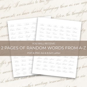May include: Two white paper pages with handwritten words in a cursive font. The text "YOU WILL RECEIVE: 2 PAGES OF RANDOM WORDS FROM A-Z" is printed in a brown banner. The paper size is PDF & PNG A4 & 8.5x11 Letter.