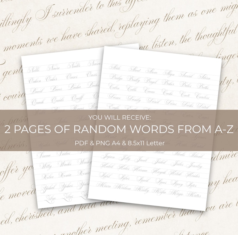 May include: Two white paper pages with handwritten words in a cursive font. The text "YOU WILL RECEIVE: 2 PAGES OF RANDOM WORDS FROM A-Z" is printed in a brown banner. The paper size is PDF & PNG A4 & 8.5x11 Letter.