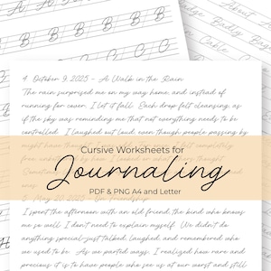 Peut inclure: Feuilles de travail d'écriture cursive pour le journalisme, disponibles en formats PDF et PNG. L'image montre des exemples de lettres cursives et d'entrées de journal avec des dates et du texte. Formats A4 et Lettre.
