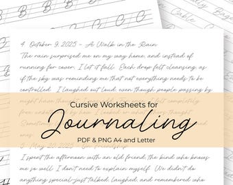 Cursive Writing Journaling Worksheets, Printable Daily Planner Handwriting Activity Sheets For Beginners, Calligraphy Worksheets.