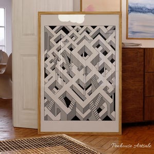 Optical Illusion Architectural Print Wall Art, Original Hand Drawn Artwork, Black and White Home Wall Decor