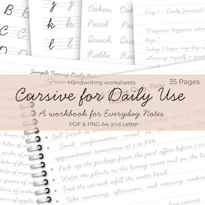 Puede incluir: Un cuaderno de trabajo titulado "Cursive for Daily Use" con hojas de trabajo de escritura a mano. La portada es de color marrón claro con texto negro y encuadernación en espiral. Incluye páginas de práctica y notas diarias.