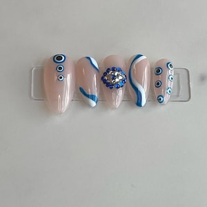 Evil eye blue press on nails with gem details