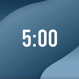May include: A digital display showing the time 5:00 in white font against a gradient blue background. The background features soft, wave-like shapes in varying shades of blue, creating a sense of depth and movement.