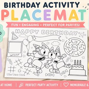 Op de afbeelding: Een verjaardagsactiviteiten placemat met de tekst "Birthday Activity Placemat" in kleurrijke letters. De placemat heeft een doolhof, tic-tac-toe en een zelfportretgedeelte. Het bevat de tekst "Happy Birthday" en is ontworpen voor kinderfeestjes.