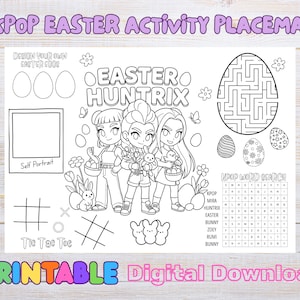 May include: A black and white printable KPop Easter activity placemat. The placemat features illustrations of Easter eggs, a maze, a word search, and cartoon characters. Text includes "KPop Easter Activity Placemat", "Easter Huntrix", and "Printable Digital Download".