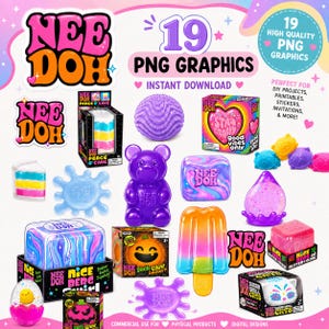 Peut inclure: Une collection de 19 graphiques PNG Nee Doh présentant divers jouets malléables, dont un ours violet, une glace, une part de gâteau, une citrouille d'Halloween et des boîtes colorées avec du texte. L'ensemble inclut des formes et couleurs variées.