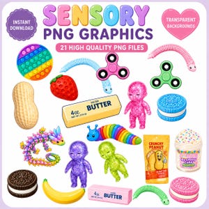 Könnte beinhalten: Eine Sammlung sensorischer Grafiken mit einem Regenbogen-Pop-it, Fidget Spinnern, glitzernden Puppen, einer Erdbeere, einer Erdnuss, einer Banane, Oreo-Keksen, 113-g-Butterstücken, einer Regenbogenraupe, einem Drachen und einem Behälter mit Geburtstagskuchen-Slime.