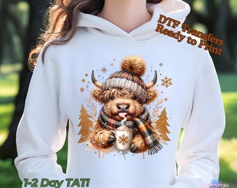 Highland Cow, Winter Highland Cow, DTF Transfer ready to print, Personalized DTF Transfer, High Quality, Heat Press DTF Transfers