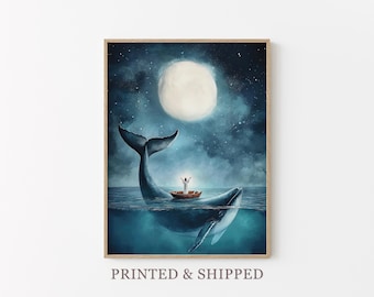 Serene Whale Watercolor Painting | Whale Print | Whale and Boat | Whale Art | Whale Nursery | Humpback Whale art wall decor gift | SWW4