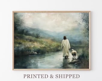 Vintage The Good Shephard Oil Painting | Parable of the 99 | Christian Art | Serene Landscape Painting Print | Vintage Jesus Painting | VTG2