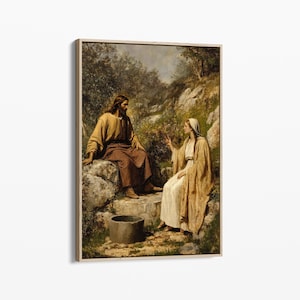 Vintage Woman at the Well Oil Painting Canvas Print | Samaritan Woman | Jesus Bible Art, Christian Painting | Bible Sketch Scripture | CVWA3
