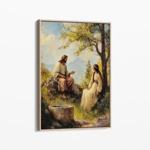 Vintage vrouw bij de bron olieverfschilderij canvasafdruk | Samaritaanse vrouw | Jezusbijbelafdruk | Christelijke schilderkunst | Bijbeltekst | CVWA4
